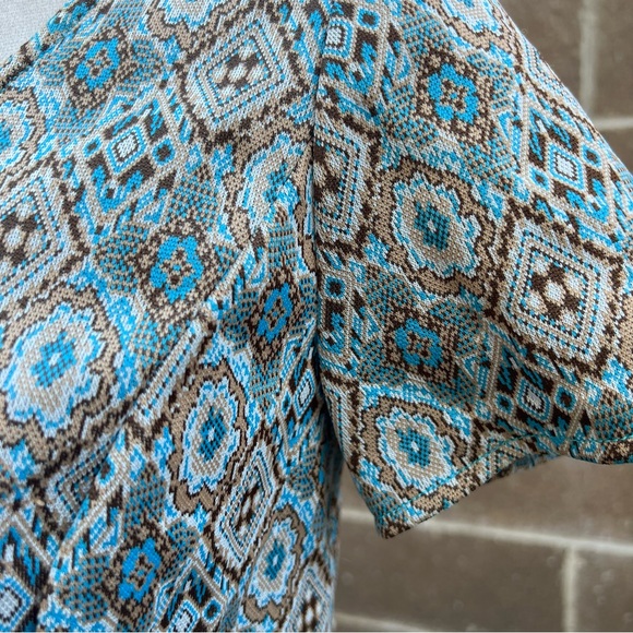 VINTAGE 1960s Babydoll Mini A-Line Shift Dress Geometric Print Blue Vtg 70s - Picture 3 of 9